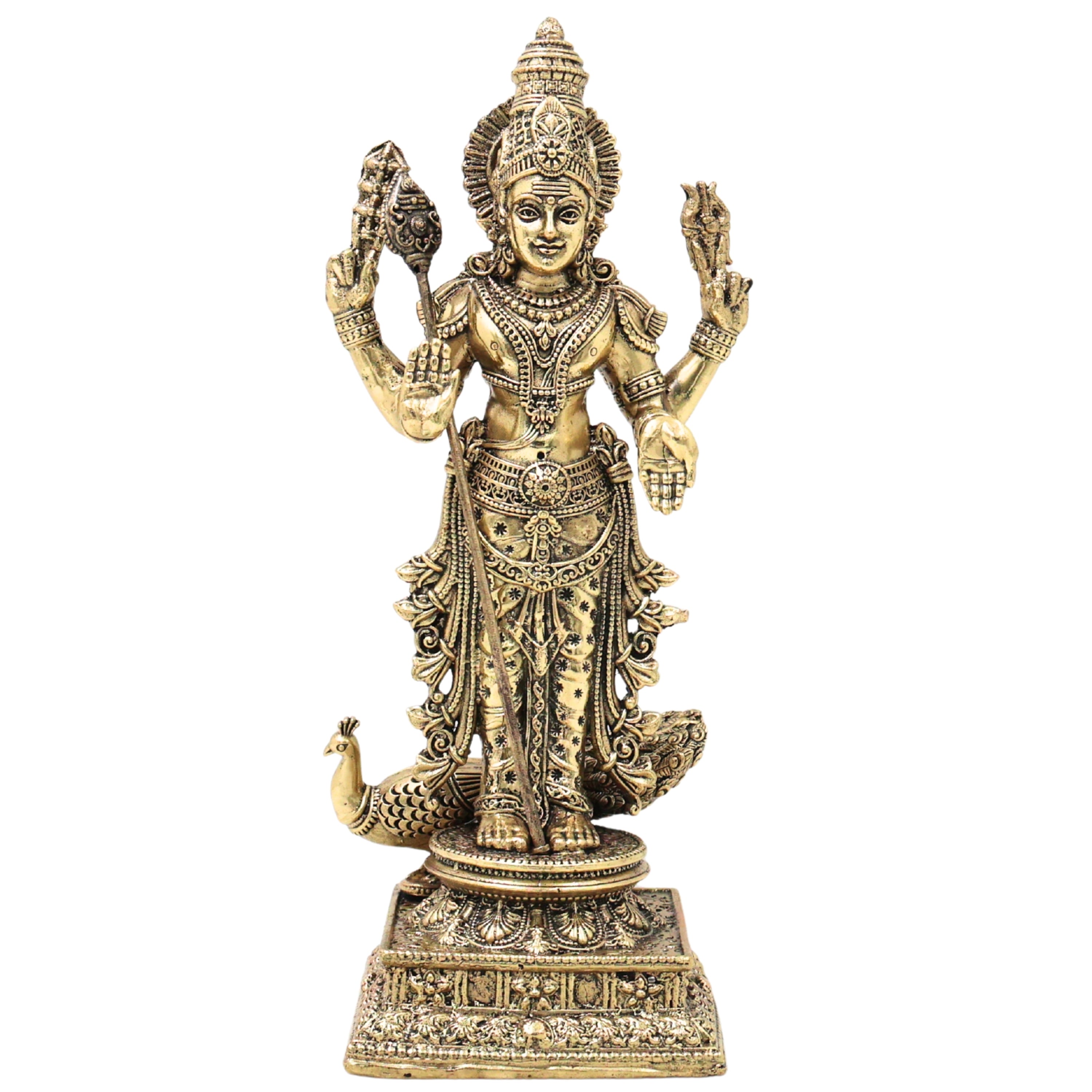 Brass Handcrafted Chola Murugan Idol with Vel,  Lord Subramanya Kartikeya Statue for Pooja Decor & Gifting, Gold, 8 Inch, 1 Piece