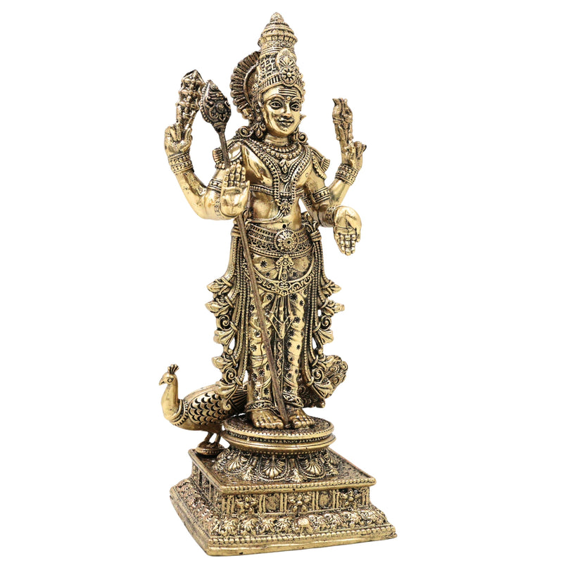 Brass Handcrafted Chola Murugan Idol with Vel,  Lord Subramanya Kartikeya Statue for Pooja Decor & Gifting, Gold, 8 Inch, 1 Piece