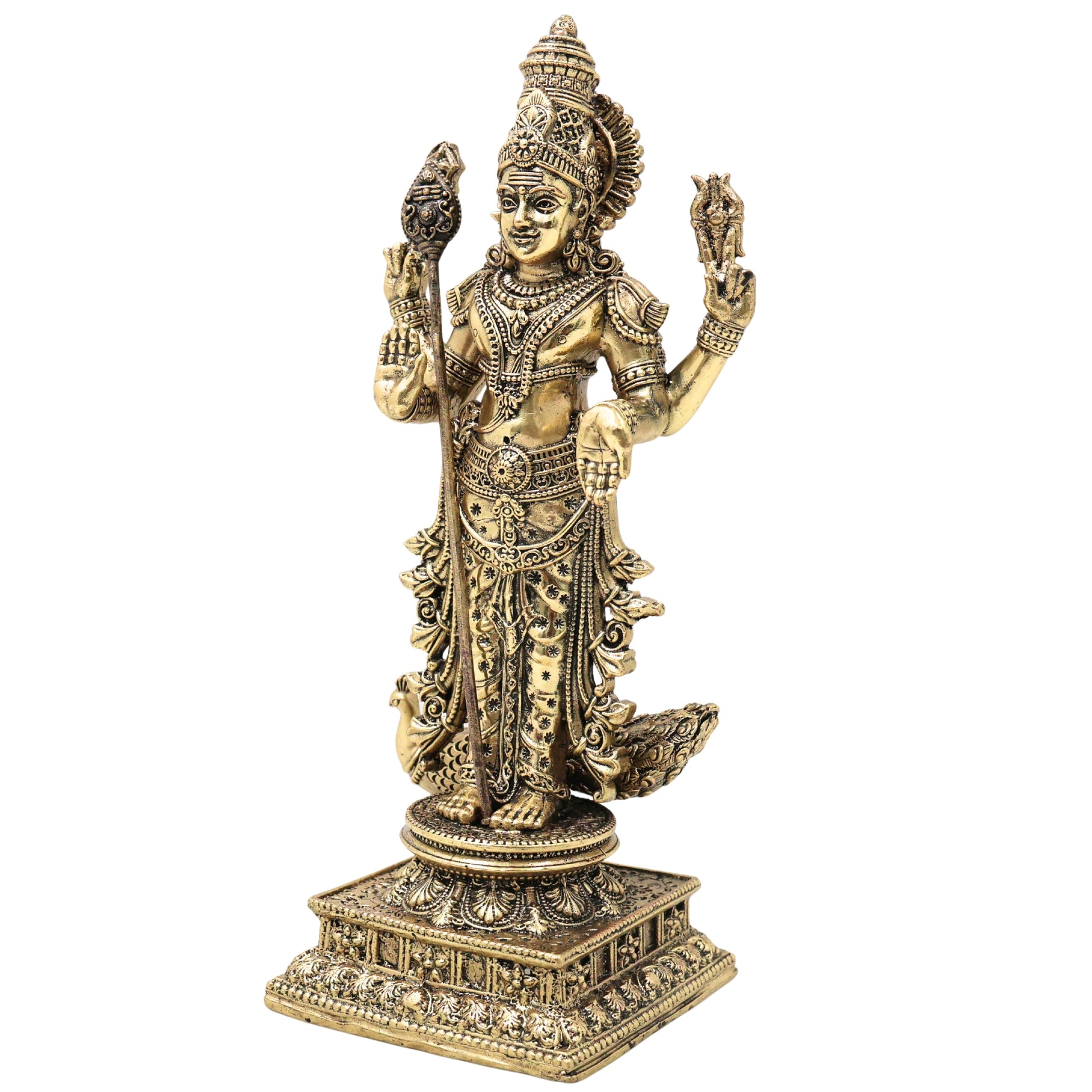 Brass Handcrafted Chola Murugan Idol with Vel,  Lord Subramanya Kartikeya Statue for Pooja Decor & Gifting, Gold, 8 Inch, 1 Piece
