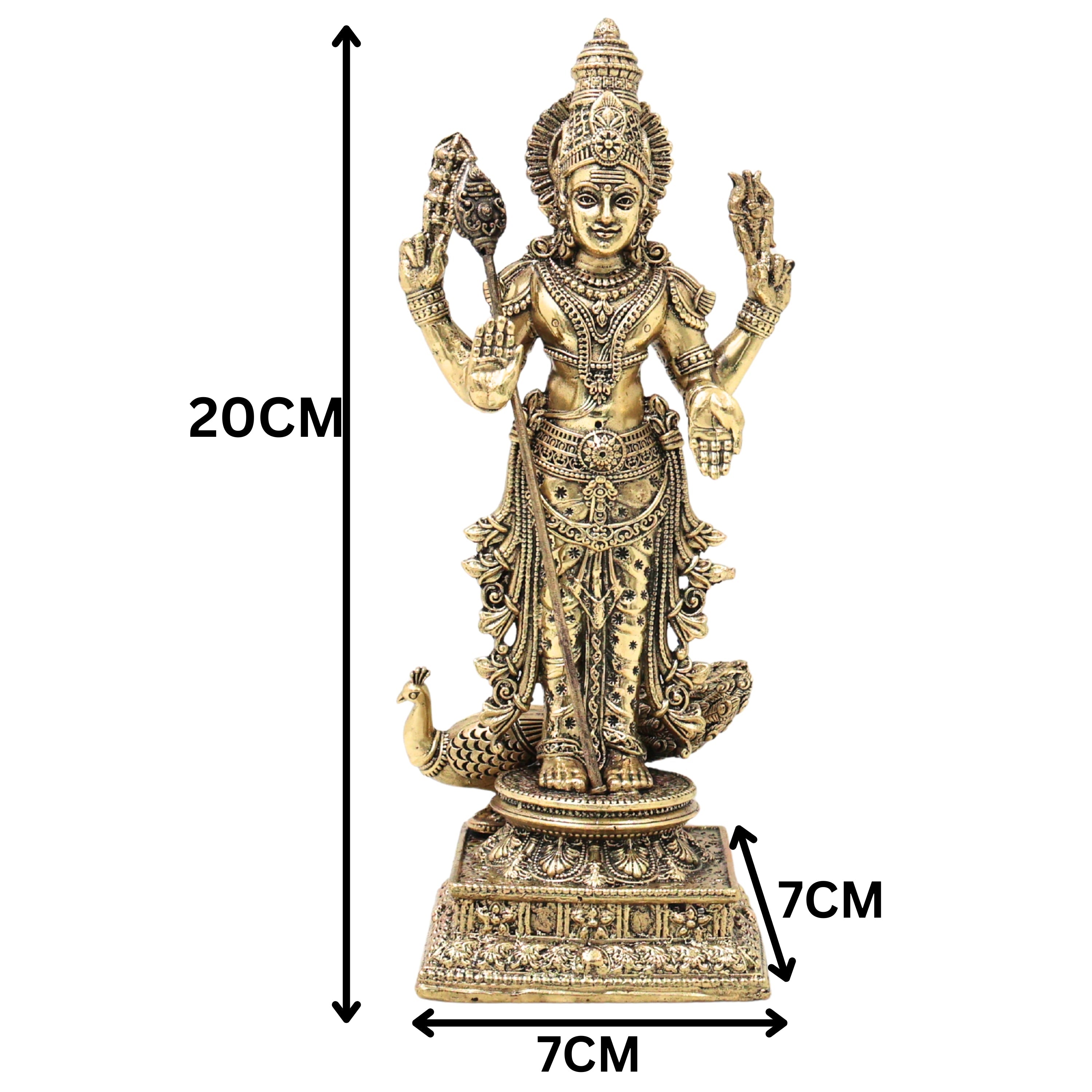 Brass Handcrafted Chola Murugan Idol with Vel,  Lord Subramanya Kartikeya Statue for Pooja Decor & Gifting, Gold, 8 Inch, 1 Piece