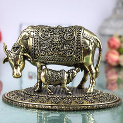 Brass Kamdhenu Gomata Idol with Calf for Pooja, Vastu & Home Decor, Handcrafted Traditional Murti, Gold, 3.5 Inch, 1 Piece