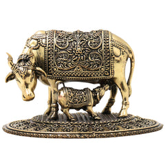 Brass Kamdhenu Gomata Idol with Calf for Pooja, Vastu & Home Decor, Handcrafted Traditional Murti, Gold, 3.5 Inch, 1 Piece