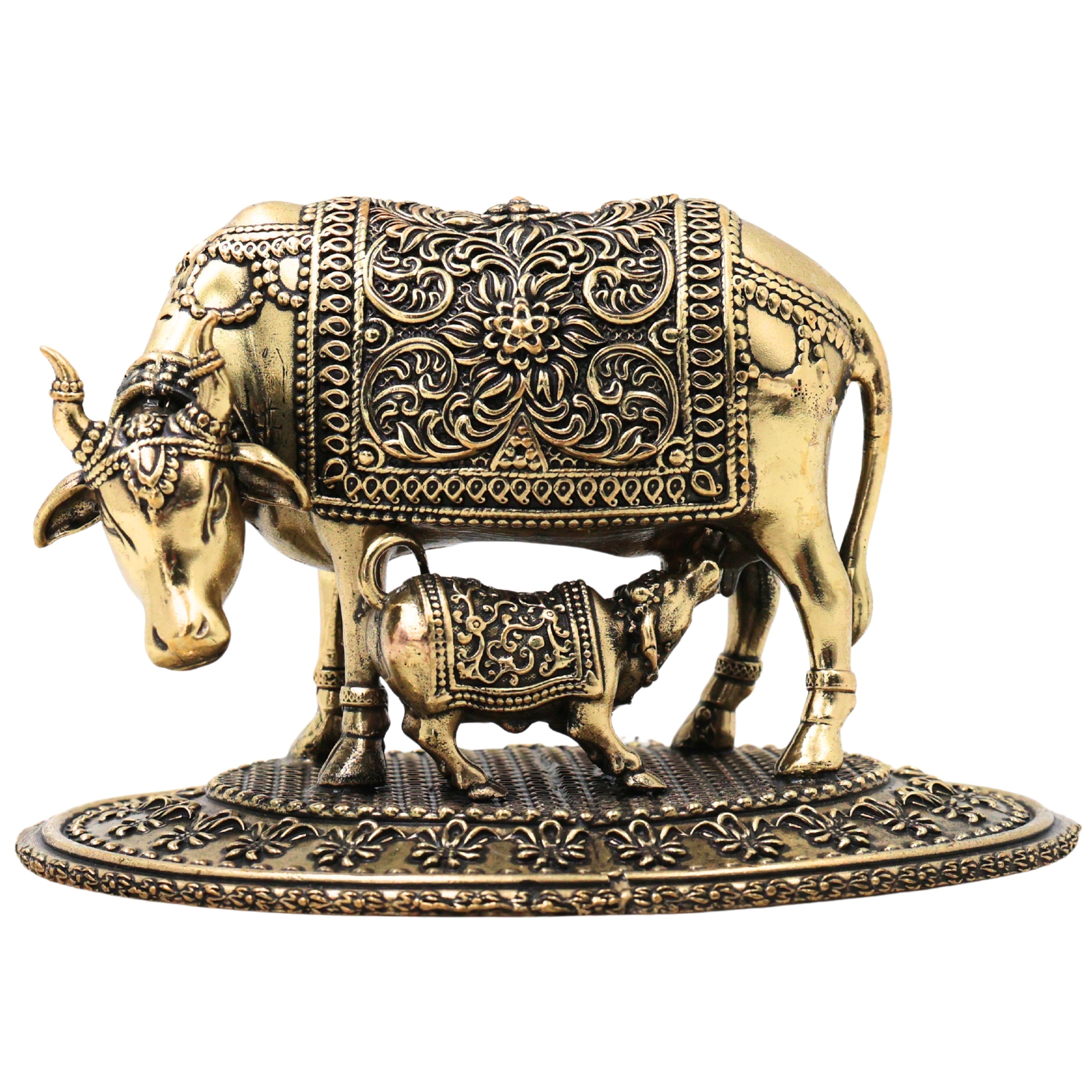 Brass Kamdhenu Gomata Idol with Calf for Pooja, Vastu & Home Decor, Handcrafted Traditional Murti, Gold, 3.5 Inch, 1 Piece