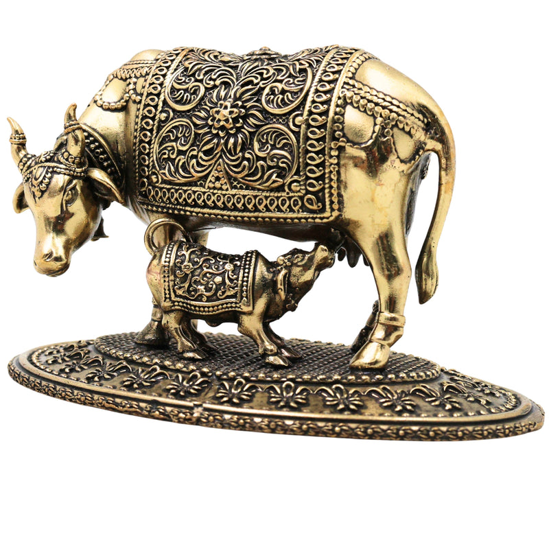 Brass Kamdhenu Gomata Idol with Calf for Pooja, Vastu & Home Decor, Handcrafted Traditional Murti, Gold, 3.5 Inch, 1 Piece