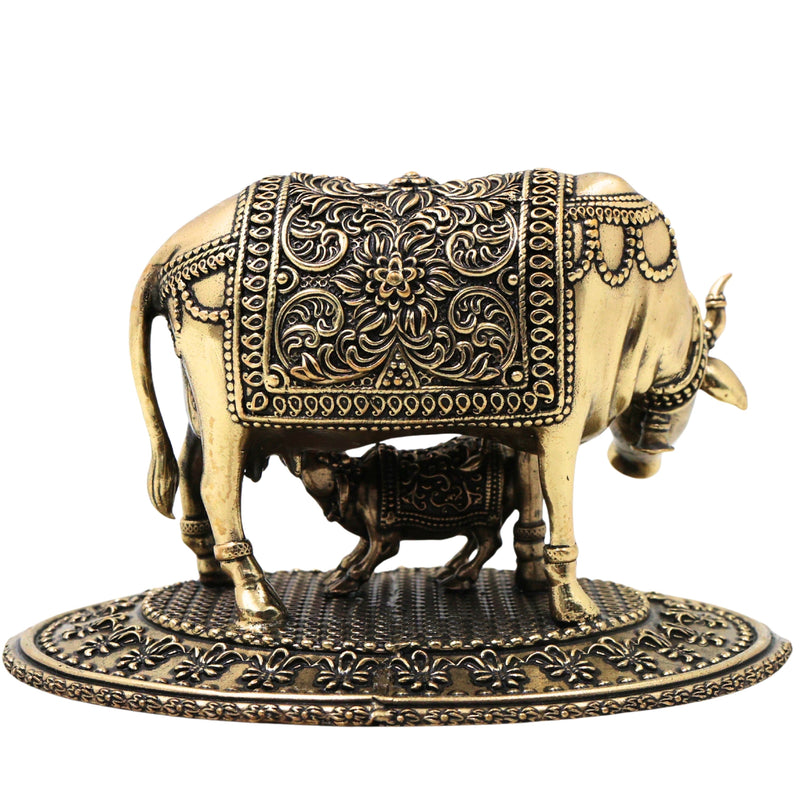 Brass Kamdhenu Gomata Idol with Calf for Pooja, Vastu & Home Decor, Handcrafted Traditional Murti, Gold, 3.5 Inch, 1 Piece