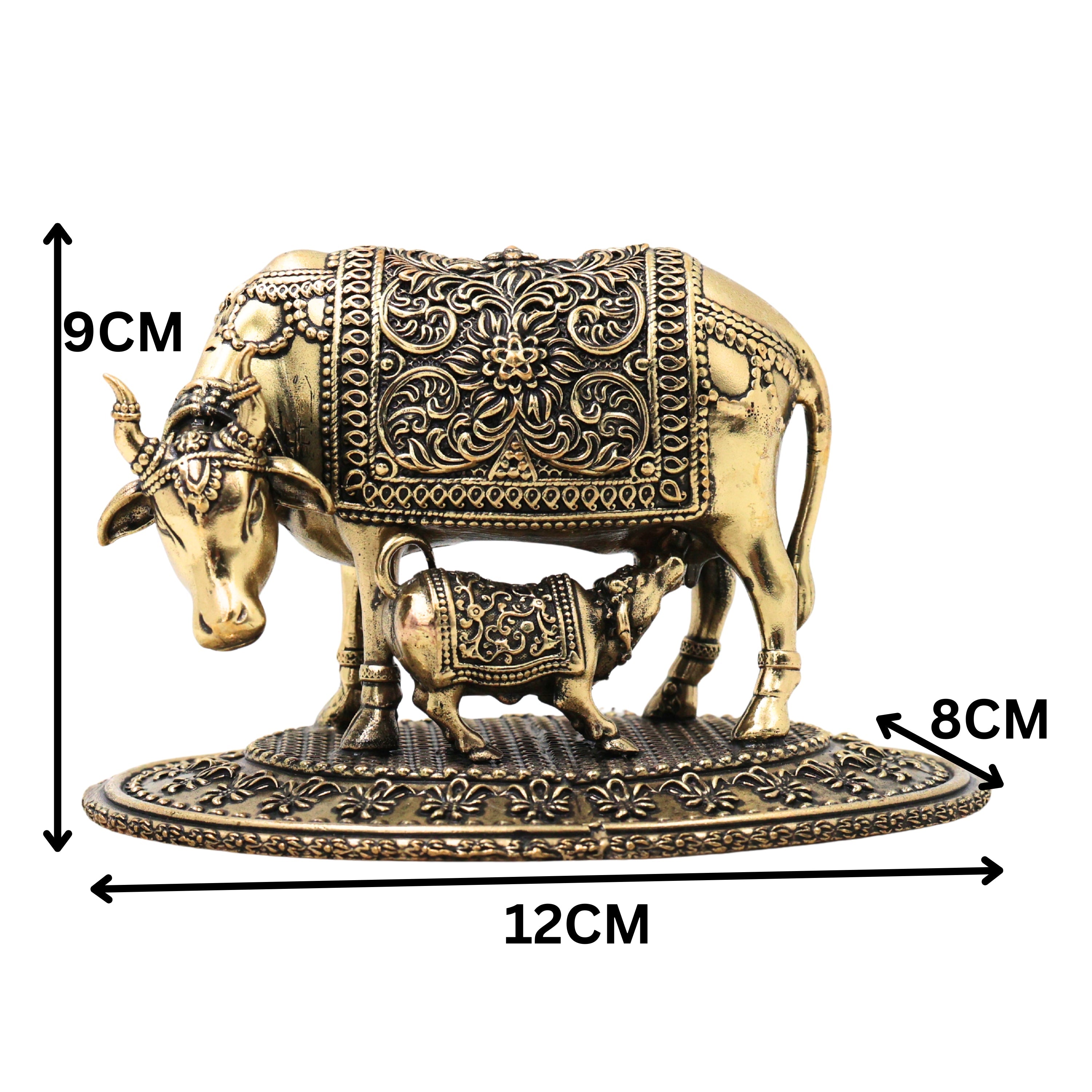 Brass Kamdhenu Gomata Idol with Calf for Pooja, Vastu & Home Decor, Handcrafted Traditional Murti, Gold, 3.5 Inch, 1 Piece