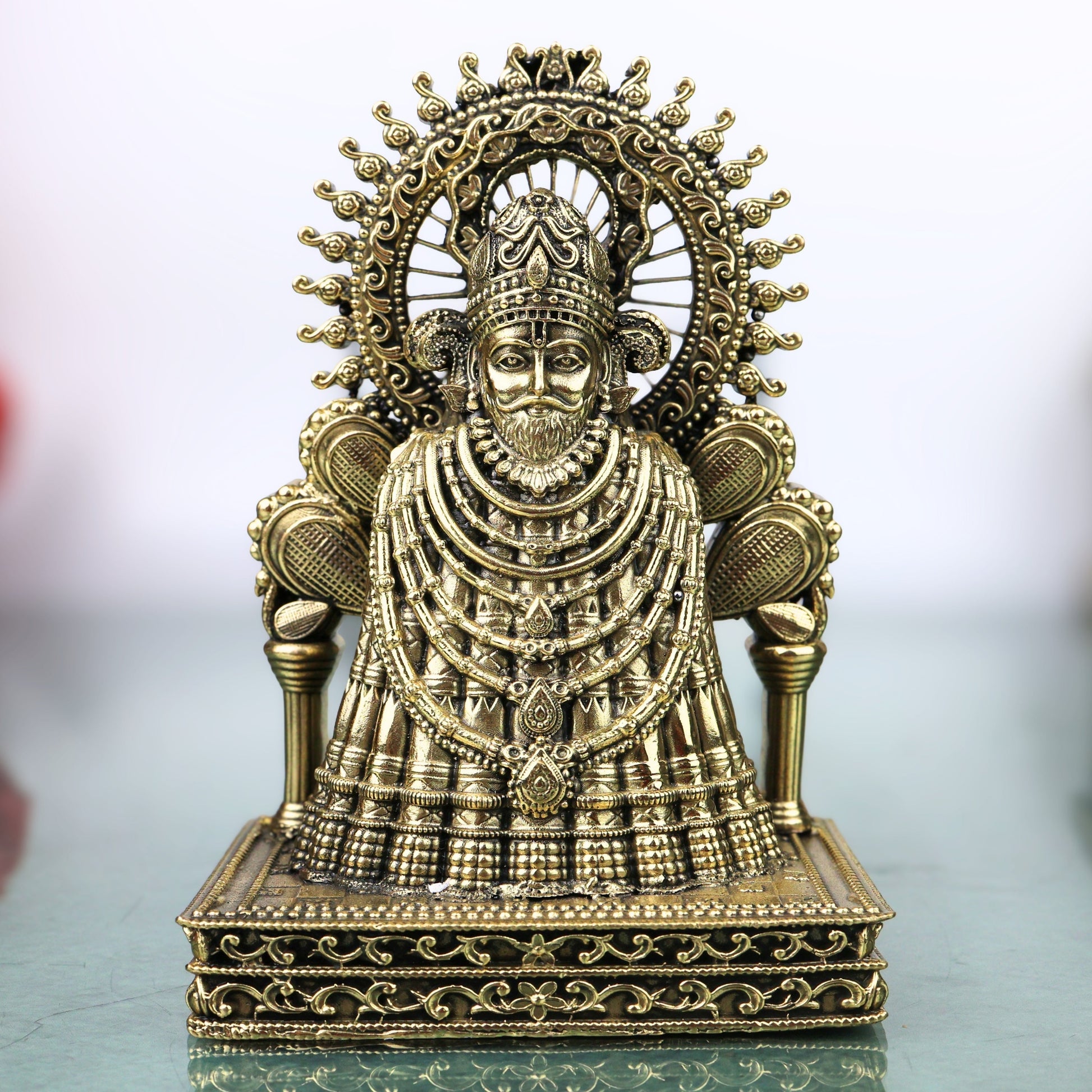 Brass Khatu Shyam Idol Handcrafted Shyam Baba Murti for Pooja Home Decor Spiritual Gifting Traditional Style, Gold, 5 Inch, 1 Piece