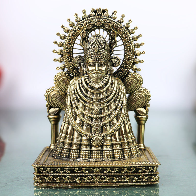 Brass Khatu Shyam Idol Handcrafted Shyam Baba Murti for Pooja Home Decor Spiritual Gifting Traditional Style, Gold, 5 Inch, 1 Piece