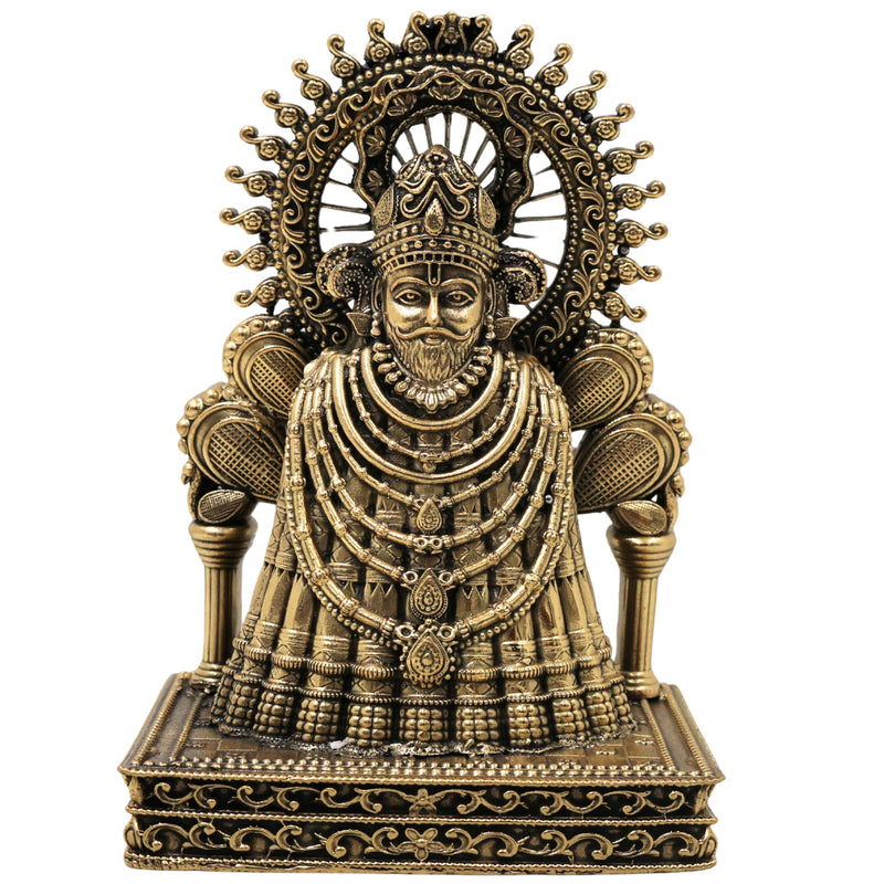 Brass Khatu Shyam Idol Handcrafted Shyam Baba Murti for Pooja Home Decor Spiritual Gifting Traditional Style, Gold, 5 Inch, 1 Piece