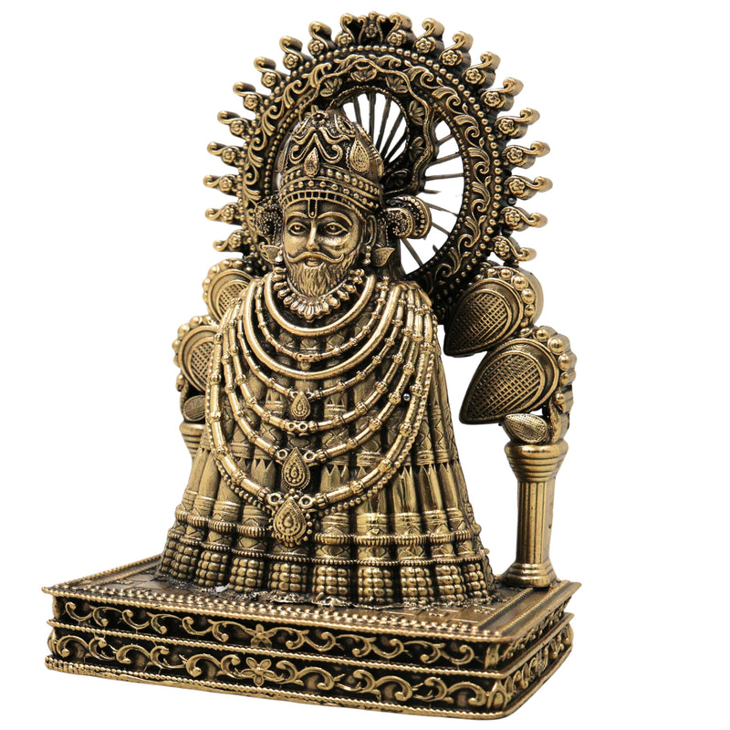 Brass Khatu Shyam Idol Handcrafted Shyam Baba Murti for Pooja Home Decor Spiritual Gifting Traditional Style, Gold, 5 Inch, 1 Piece