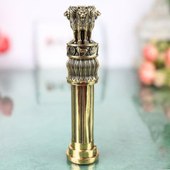 Brass Ashoka Pillar Idol Ashoka Stambh Lion Capital Handcrafted Traditional Decor Gift for Office Pooja Home, Gold, 6 Inch, 1 Piece