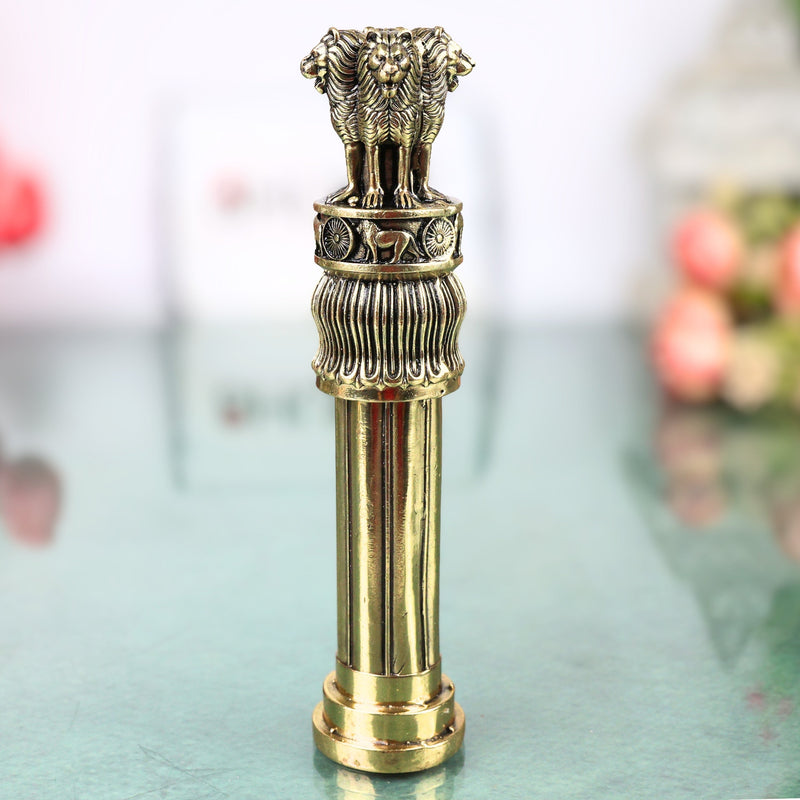 Brass Ashoka Pillar Idol Ashoka Stambh Lion Capital Handcrafted Traditional Decor Gift for Office Pooja Home, Gold, 6 Inch, 1 Piece