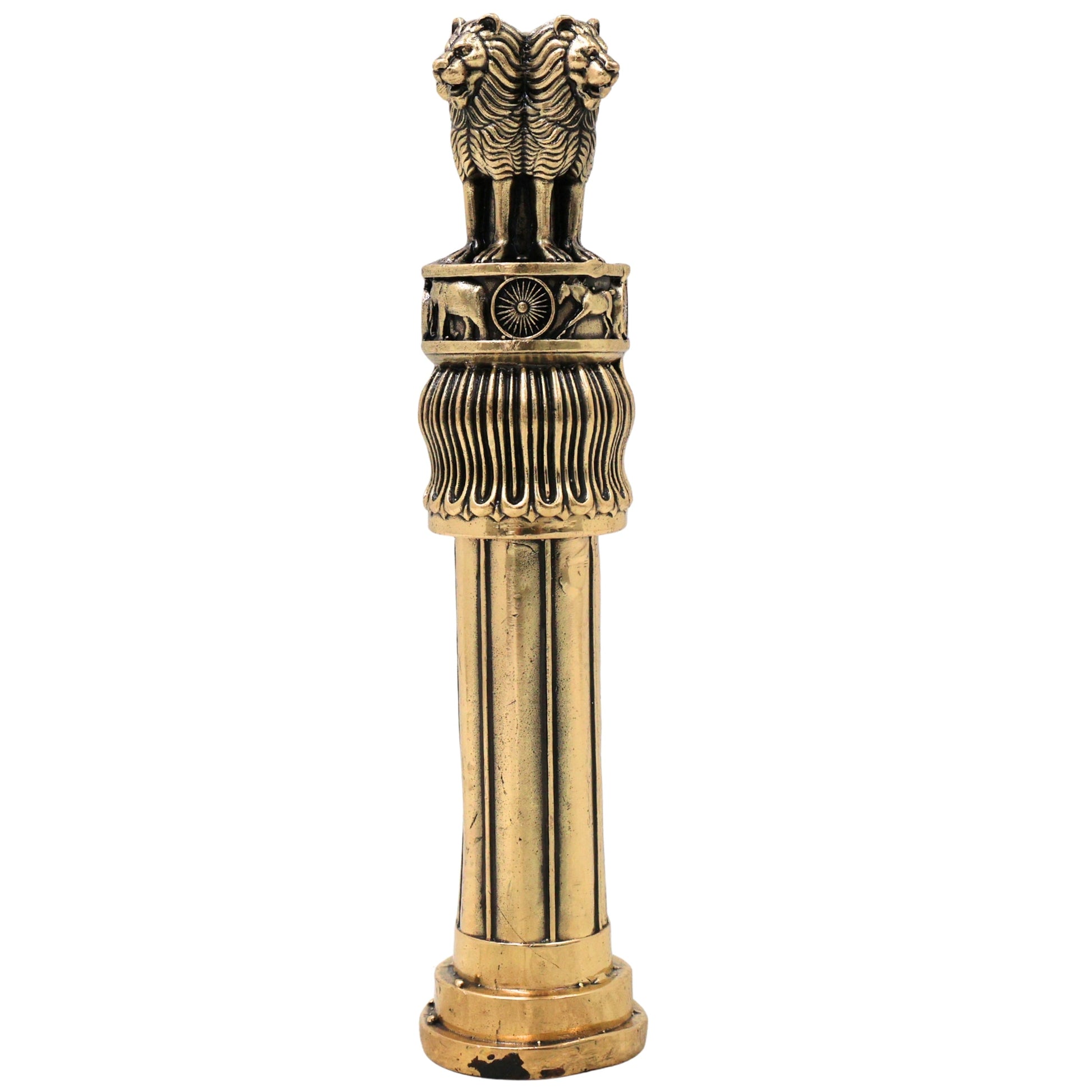Brass Ashoka Pillar Idol Ashoka Stambh Lion Capital Handcrafted Traditional Decor Gift for Office Pooja Home, Gold, 6 Inch, 1 Piece