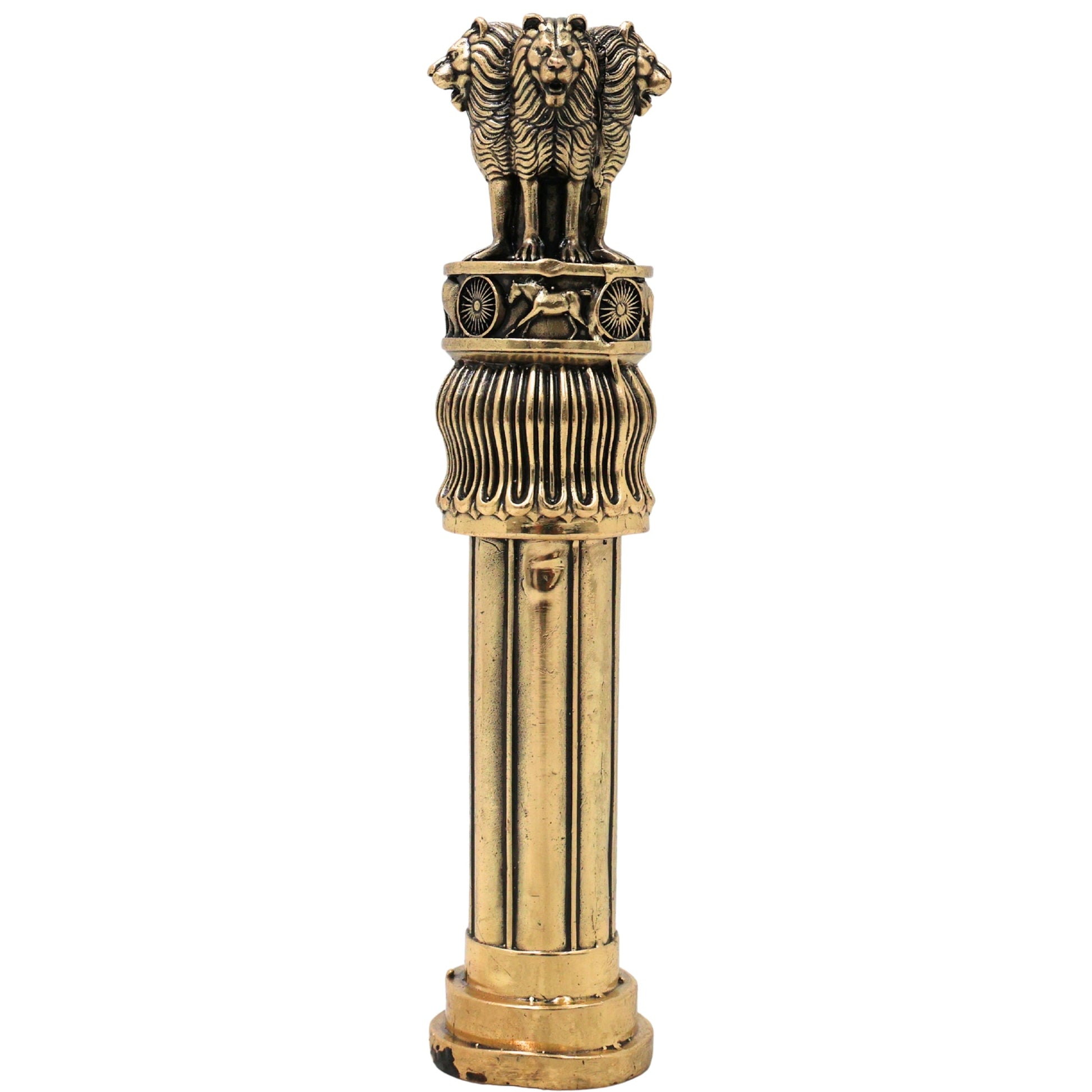 Brass Ashoka Pillar Idol Ashoka Stambh Lion Capital Handcrafted Traditional Decor Gift for Office Pooja Home, Gold, 6 Inch, 1 Piece