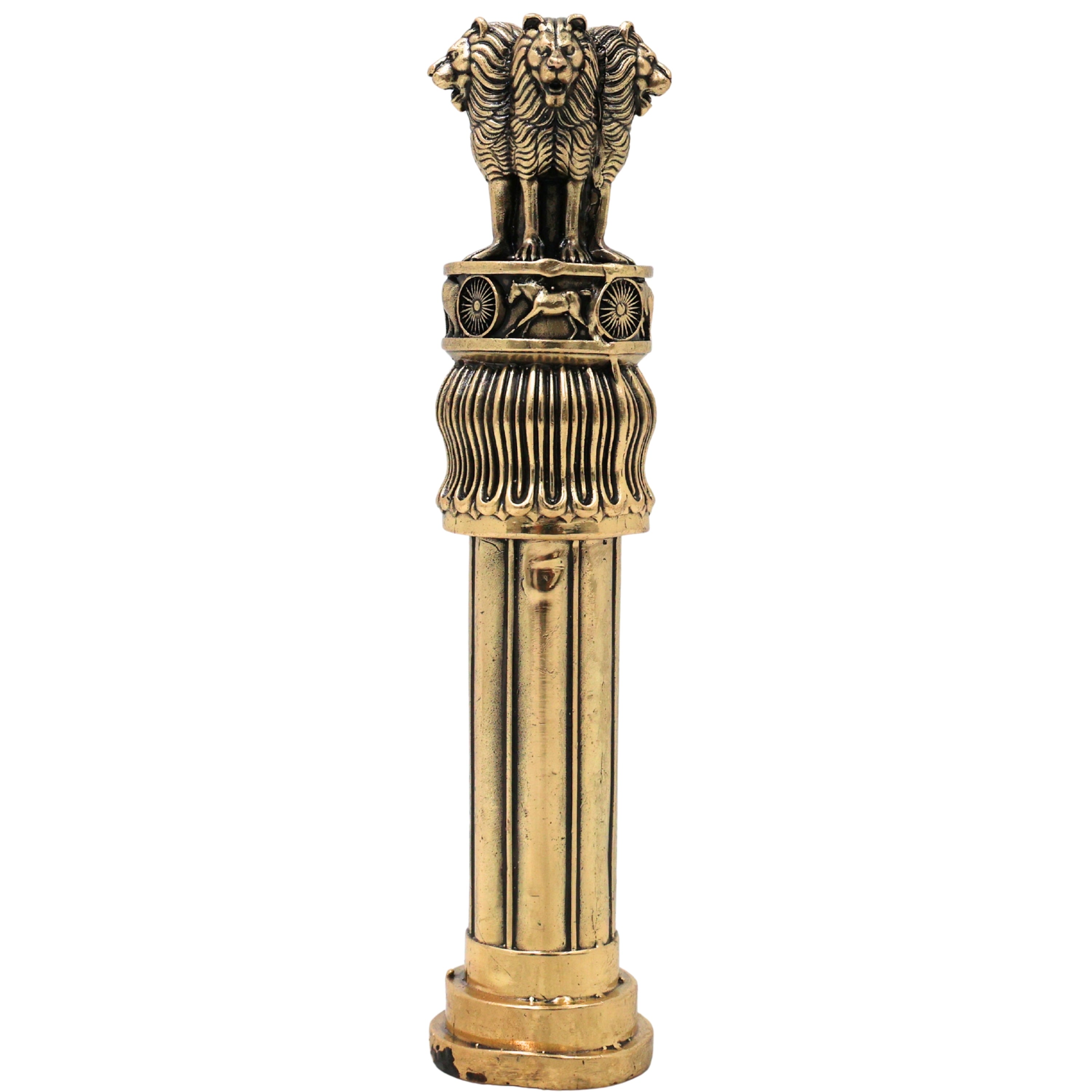 Brass Ashoka Pillar Idol Ashoka Stambh Lion Capital Handcrafted Traditional Decor Gift for Office Pooja Home, Gold, 6 Inch, 1 Piece