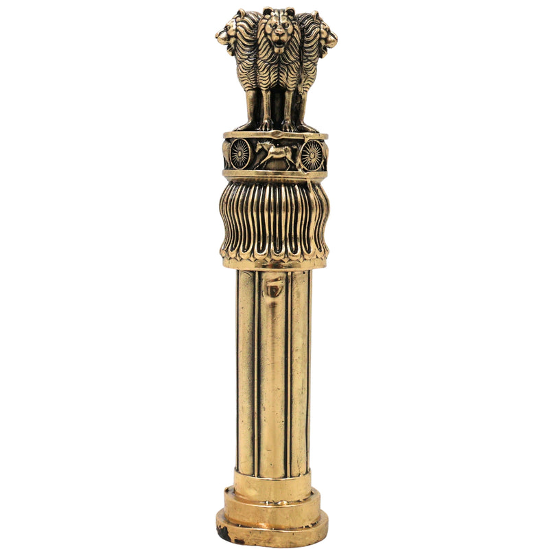 Brass Ashoka Pillar Idol Ashoka Stambh Lion Capital Handcrafted Traditional Decor Gift for Office Pooja Home, Gold, 6 Inch, 1 Piece