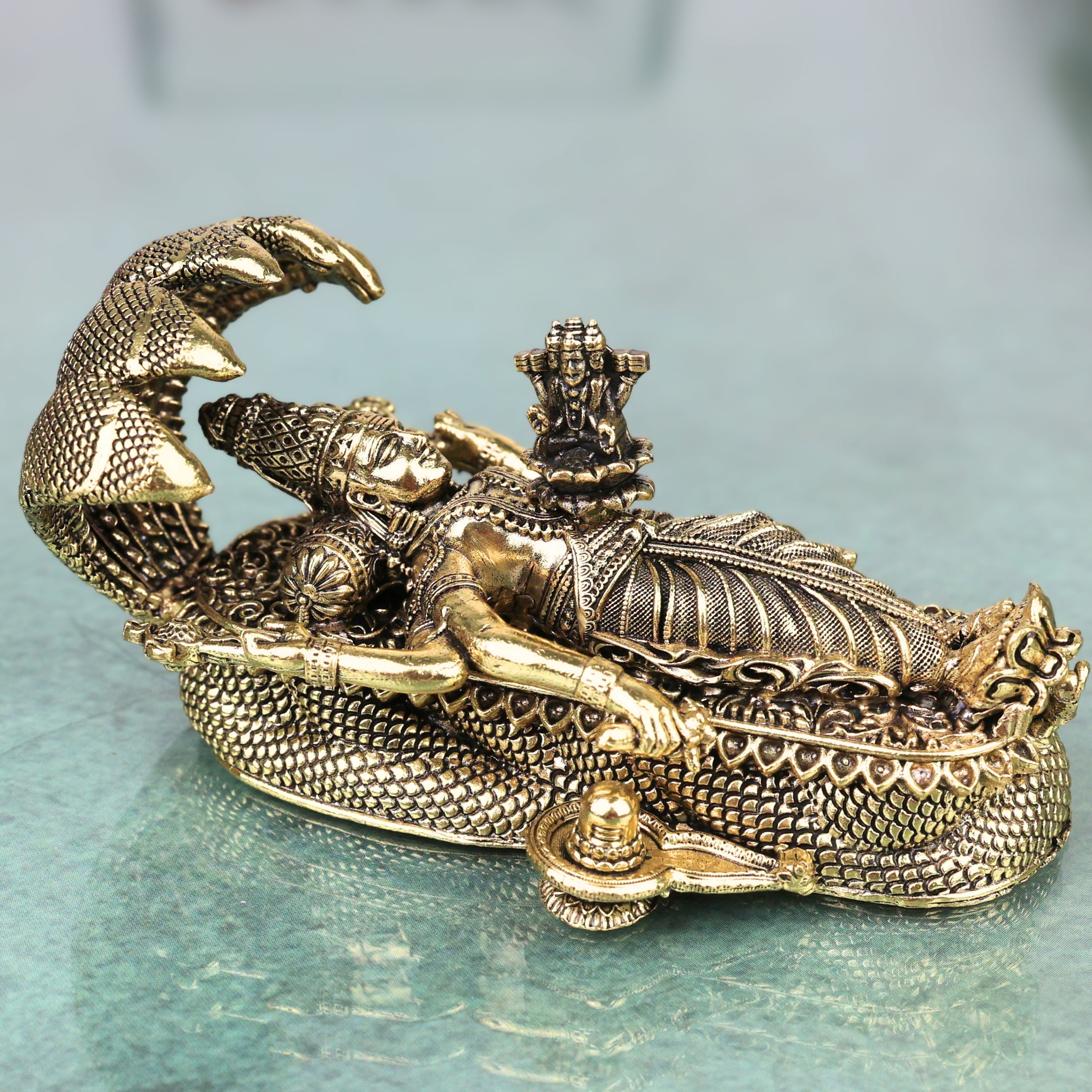 Brass Padmanabhaswamy Idol Anantha Shayana Vishnu Murti Traditional Handcrafted Pooja Decor Gift, Gold, 1.5 Inch, 1 Piece