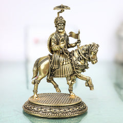 Brass Chhatrapati Shivaji Maharaj Idol Murti, Handcrafted Traditional Maratha Warrior Pooja Home Decor Gift, Gold, 5 Inch, 1 Piece