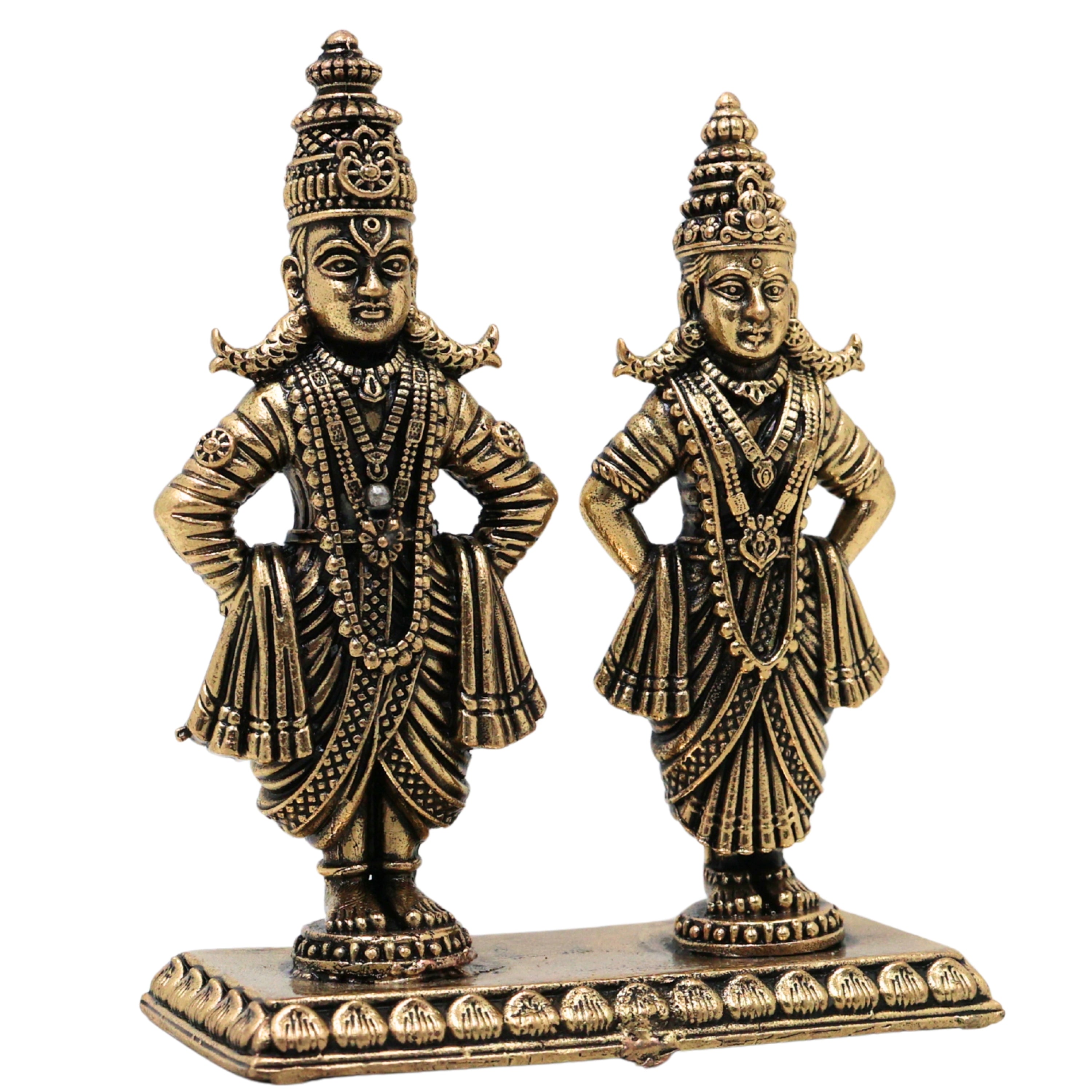 Brass Vittal Rukmini Idol Panduranga Vithoba Handcrafted Chola Murti for Pooja Home Decor Gifting, Gold, 3 Inch, 1 Piece