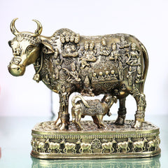 Brass Kamdhenu Gomata Surabhi Idol for Pooja Vastu Home Decor Traditional Handcrafted Chola Statue, Gold, 6 Inch, 1 Piece