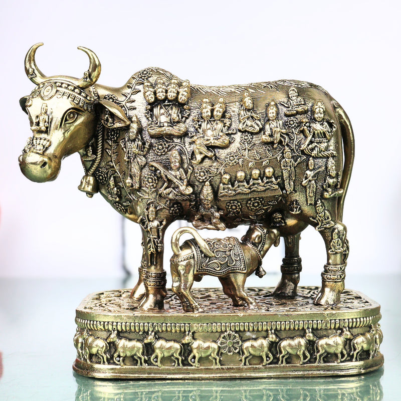Brass Kamdhenu Gomata Surabhi Idol for Pooja Vastu Home Decor Traditional Handcrafted Chola Statue, Gold, 6 Inch, 1 Piece