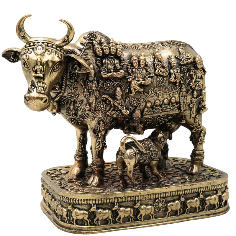 Brass Kamdhenu Gomata Surabhi Idol for Pooja Vastu Home Decor Traditional Handcrafted Chola Statue, Gold, 6 Inch, 1 Piece