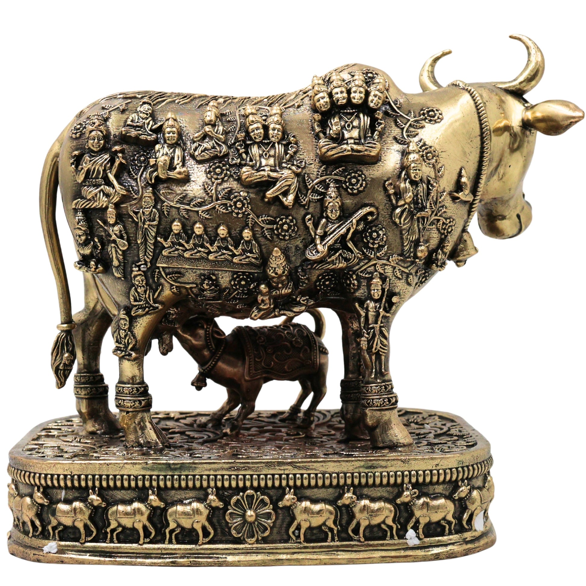 Brass Kamdhenu Gomata Surabhi Idol for Pooja Vastu Home Decor Traditional Handcrafted Chola Statue, Gold, 6 Inch, 1 Piece