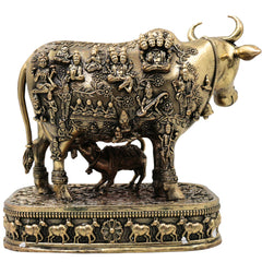 Brass Kamdhenu Gomata Surabhi Idol for Pooja Vastu Home Decor Traditional Handcrafted Chola Statue, Gold, 6 Inch, 1 Piece