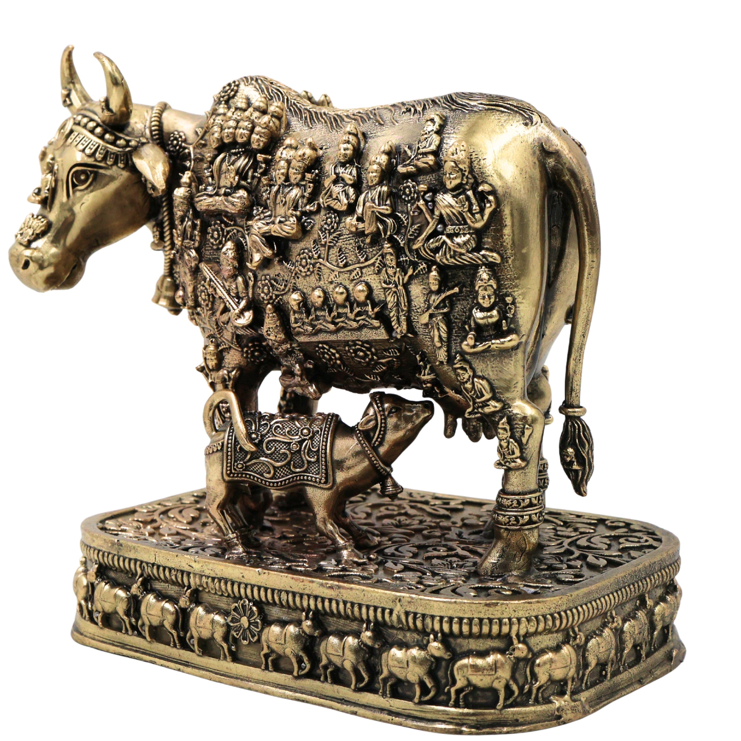 Brass Kamdhenu Gomata Surabhi Idol for Pooja Vastu Home Decor Traditional Handcrafted Chola Statue, Gold, 6 Inch, 1 Piece
