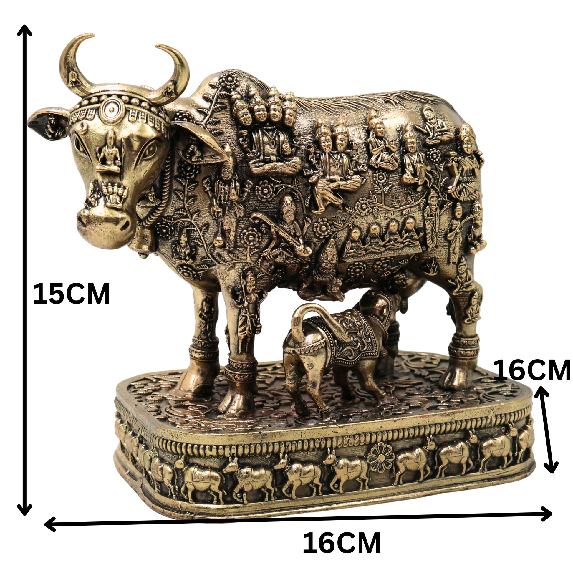 Brass Kamdhenu Gomata Surabhi Idol for Pooja Vastu Home Decor Traditional Handcrafted Chola Statue, Gold, 6 Inch, 1 Piece