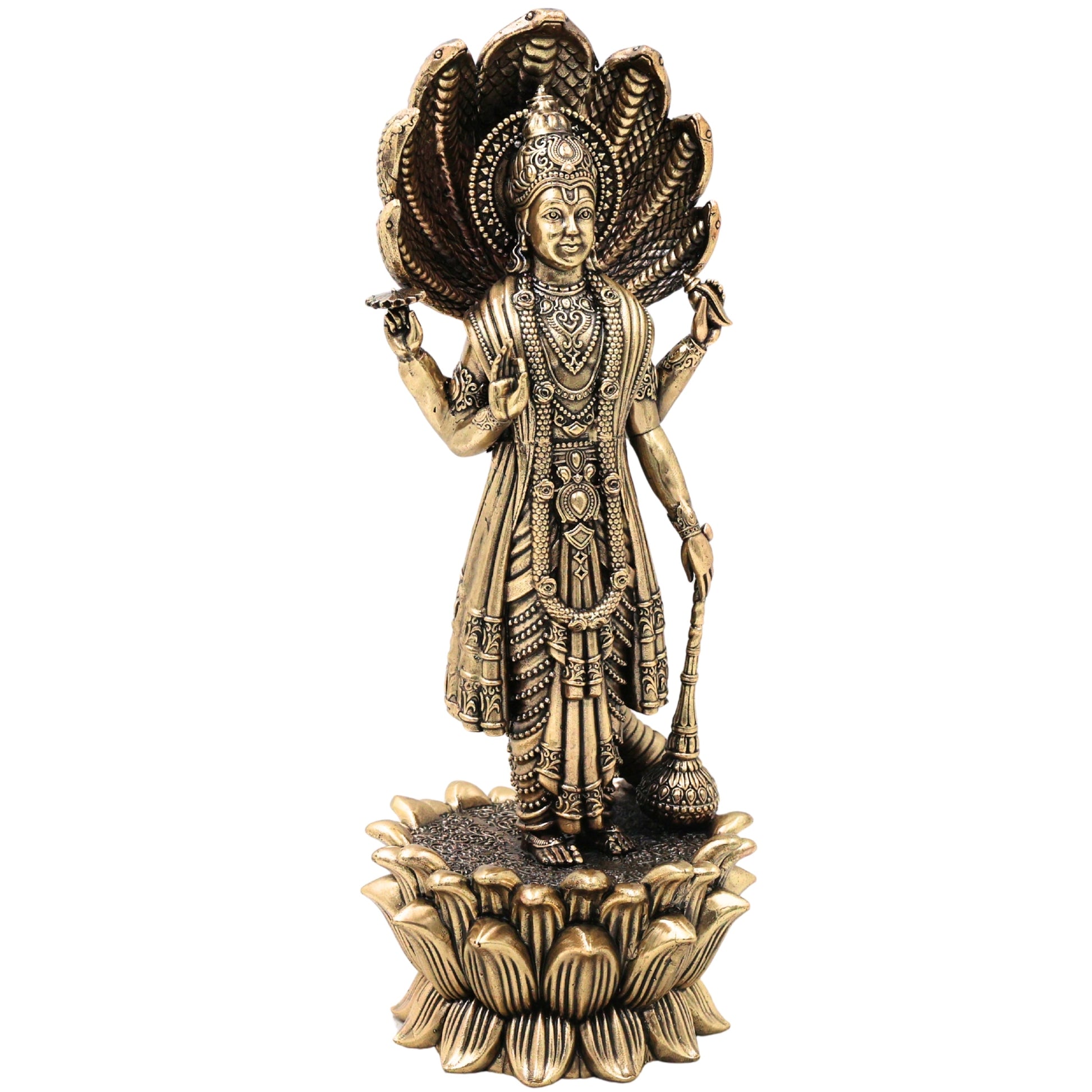 Brass Maha Vishnu Idol Narayana Perumal Murti for Pooja Home Decor Gifting Traditional Handcrafted Statue, Gold, 11 Inch, 1 Piece