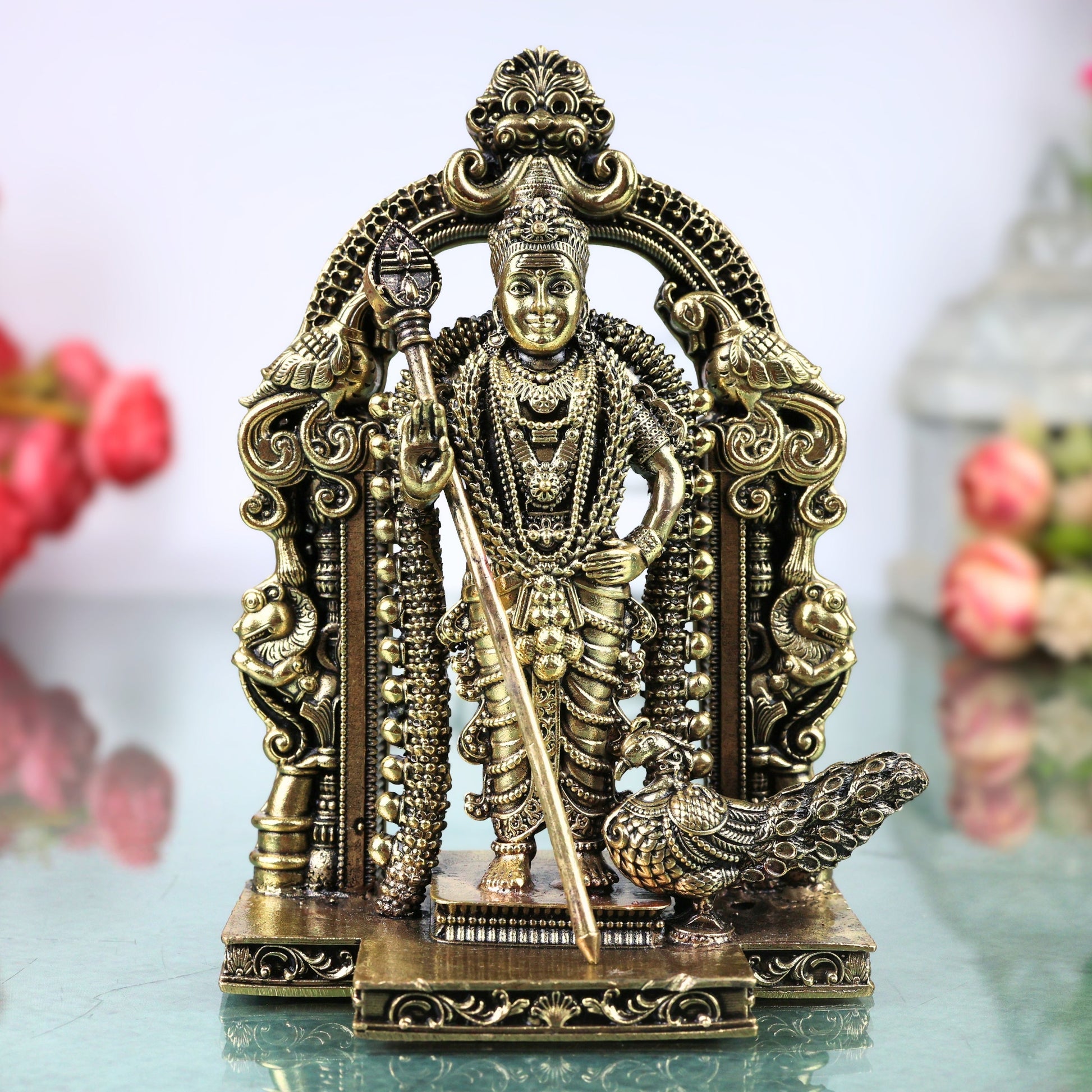 Brass Murugan Idol Kartikeya Subramanya Swamy Statue for Pooja Home Decor Traditional Chola Gift, Gold, 8 Inch, 1 Piece