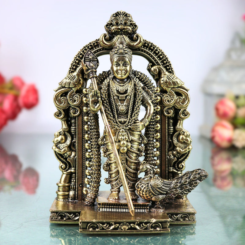 Brass Murugan Idol Kartikeya Subramanya Swamy Statue for Pooja Home Decor Traditional Chola Gift, Gold, 8 Inch, 1 Piece