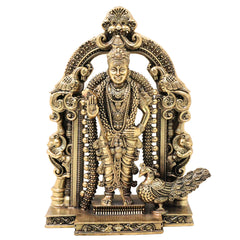 Brass Murugan Idol Kartikeya Subramanya Swamy Statue for Pooja Home Decor Traditional Chola Gift, Gold, 8 Inch, 1 Piece