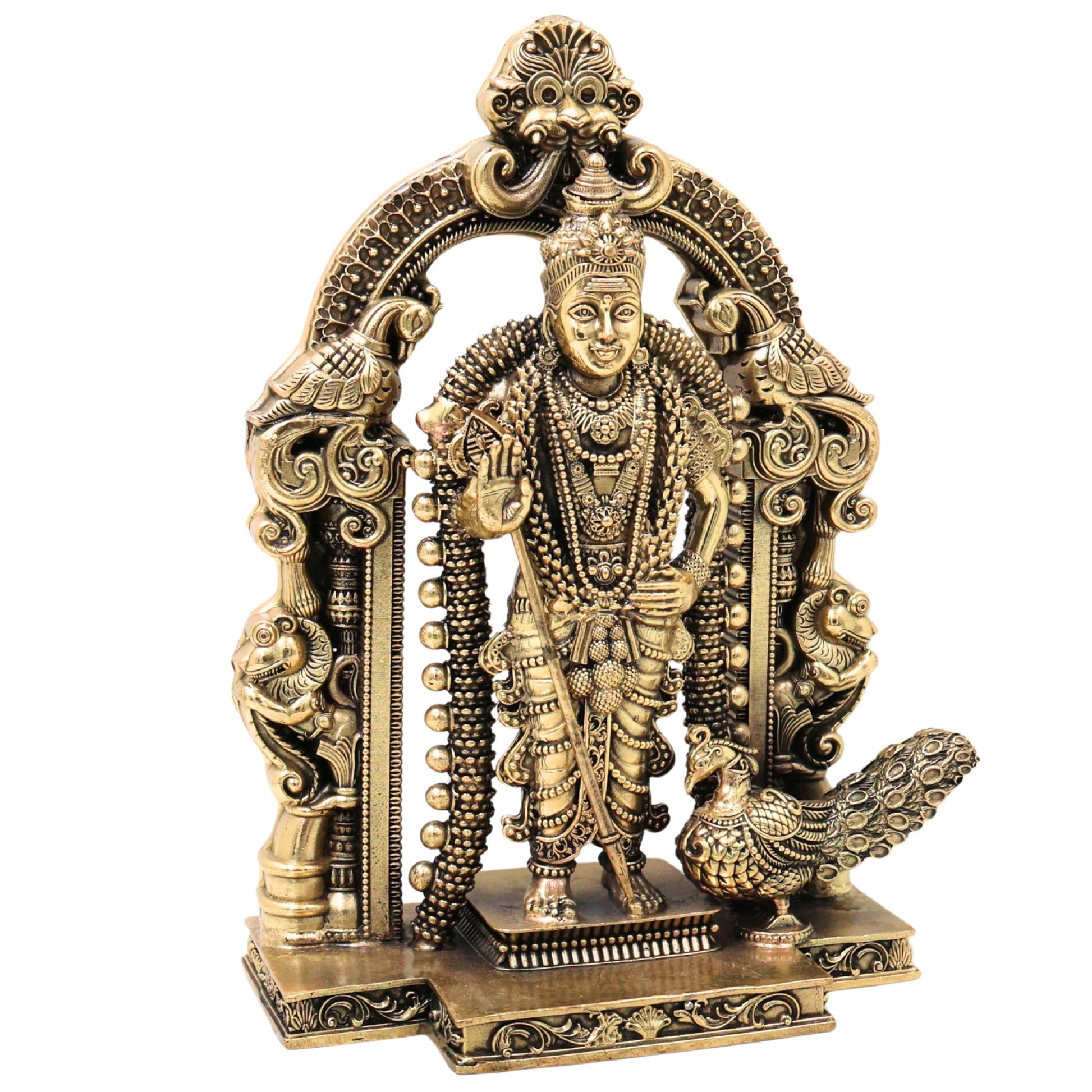 Brass Murugan Idol Kartikeya Subramanya Swamy Statue for Pooja Home Decor Traditional Chola Gift, Gold, 8 Inch, 1 Piece