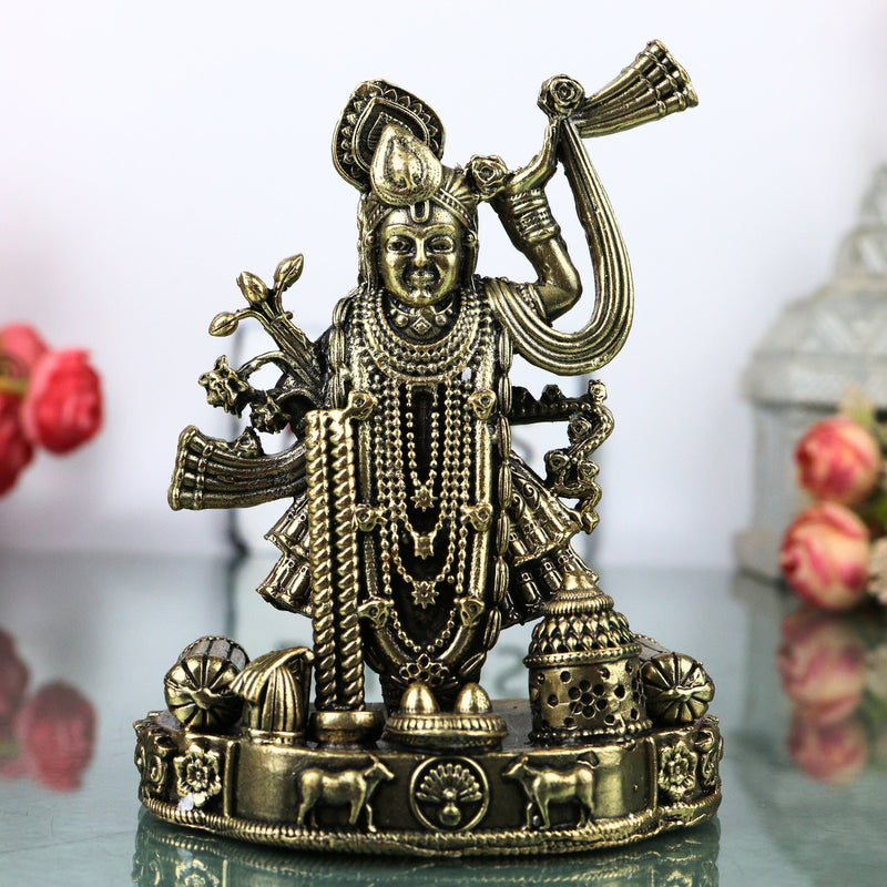 Brass Shrinath Ji Idol Traditional Handcrafted Krishna Murti for Pooja Home Decor Temple Gifting, Gold, 4.5 Inch, 1 Piece