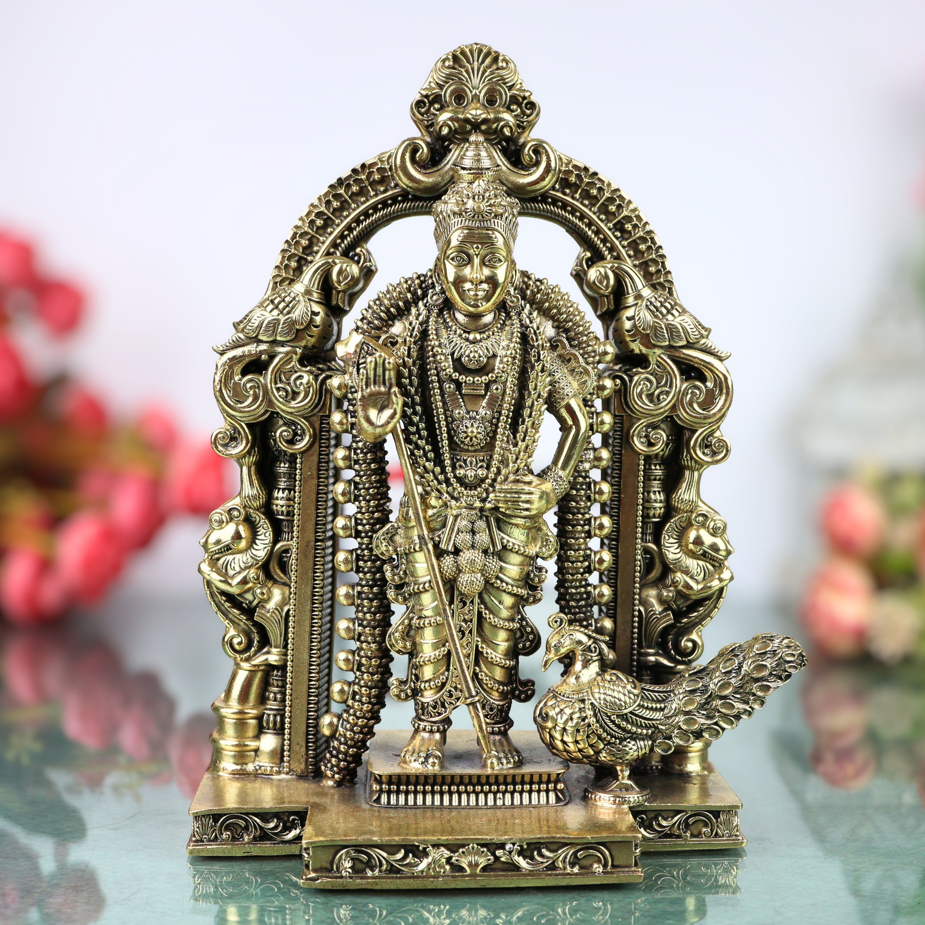 Brass Murugan Subramanya Kartikeya Idol Traditional Chola Handcrafted Statue for Pooja Decor Gift, Gold, 4.5 Inch, 1 Piece