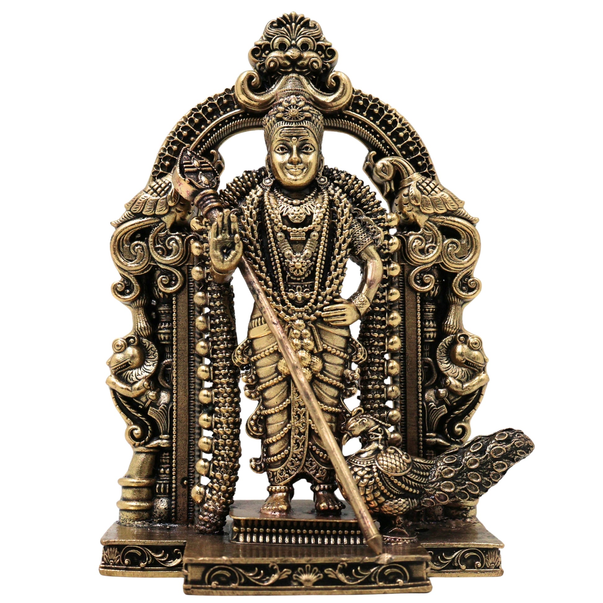 Brass Murugan Subramanya Kartikeya Idol Traditional Chola Handcrafted Statue for Pooja Decor Gift, Gold, 4.5 Inch, 1 Piece