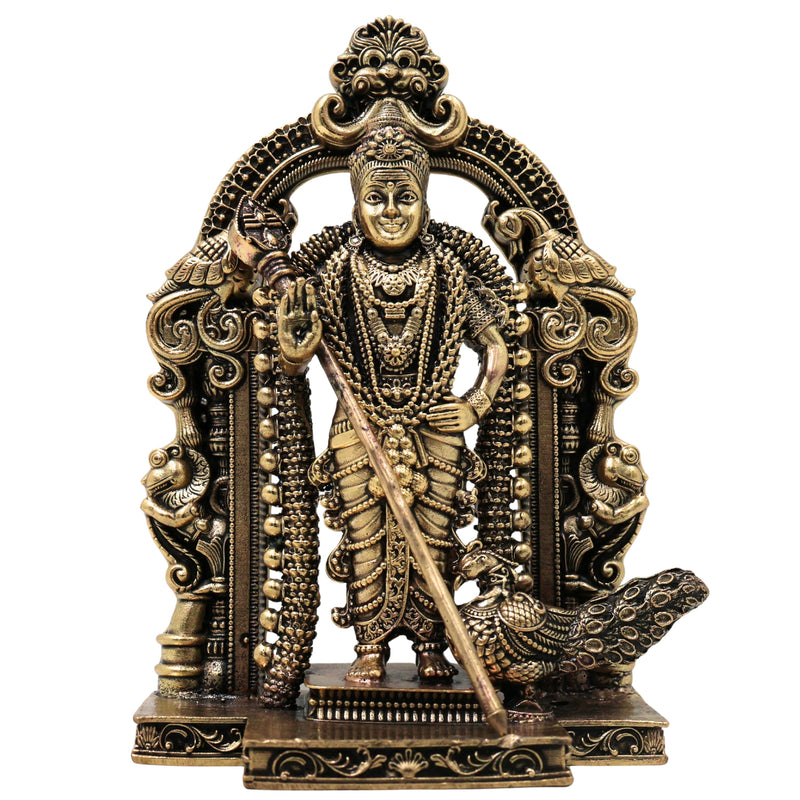 Brass Murugan Subramanya Kartikeya Idol Traditional Chola Handcrafted Statue for Pooja Decor Gift, Gold, 4.5 Inch, 1 Piece