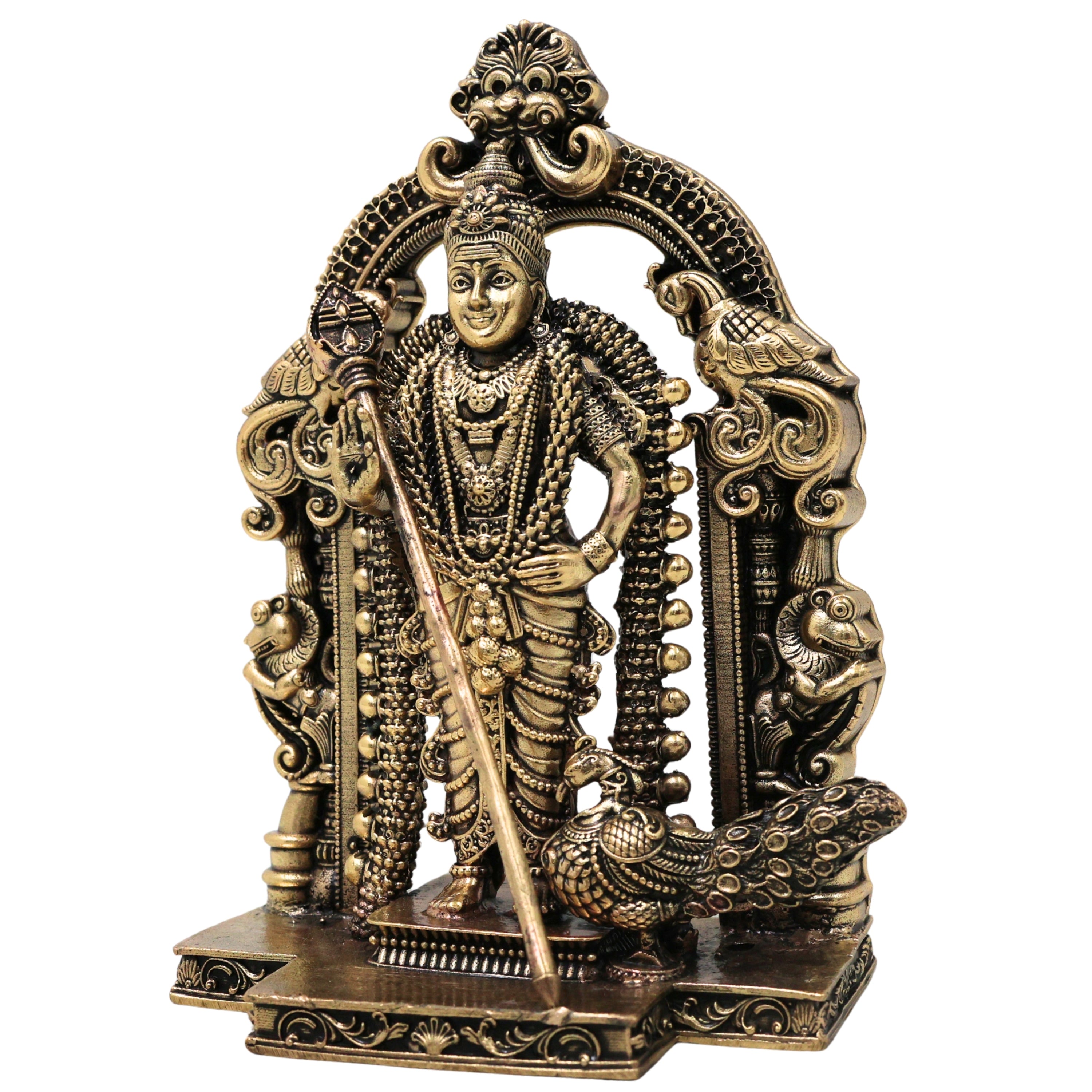 Brass Murugan Subramanya Kartikeya Idol Traditional Chola Handcrafted Statue for Pooja Decor Gift, Gold, 4.5 Inch, 1 Piece