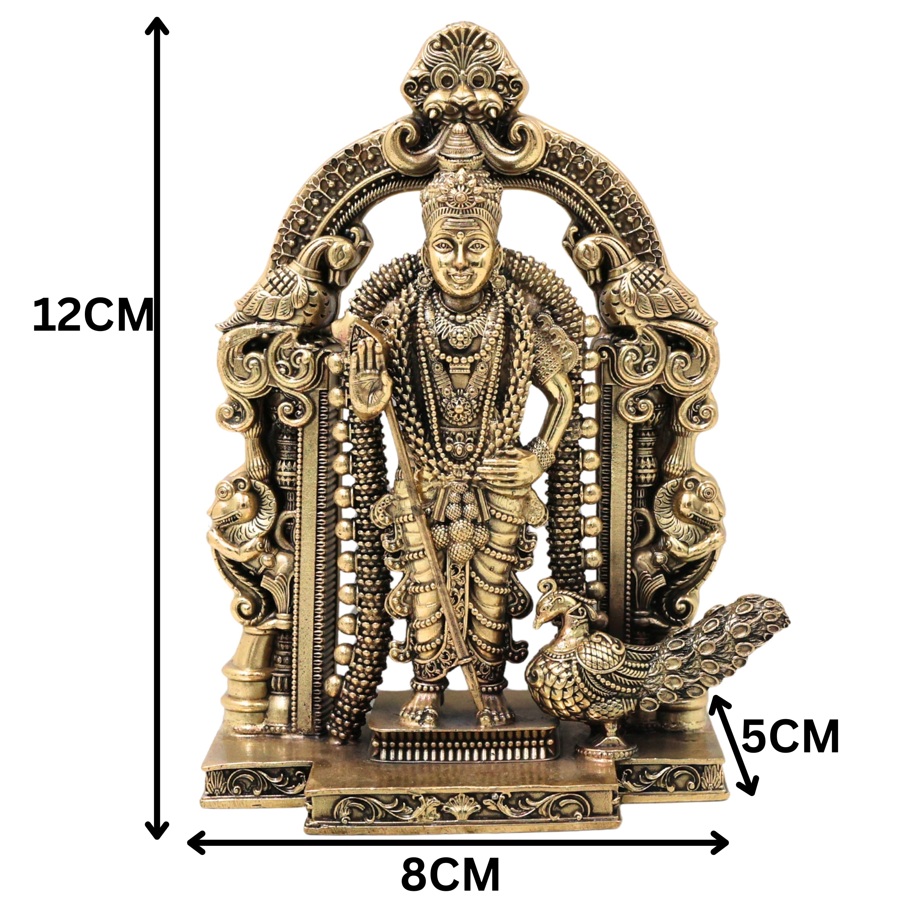 Brass Murugan Subramanya Kartikeya Idol Traditional Chola Handcrafted Statue for Pooja Decor Gift, Gold, 4.5 Inch, 1 Piece