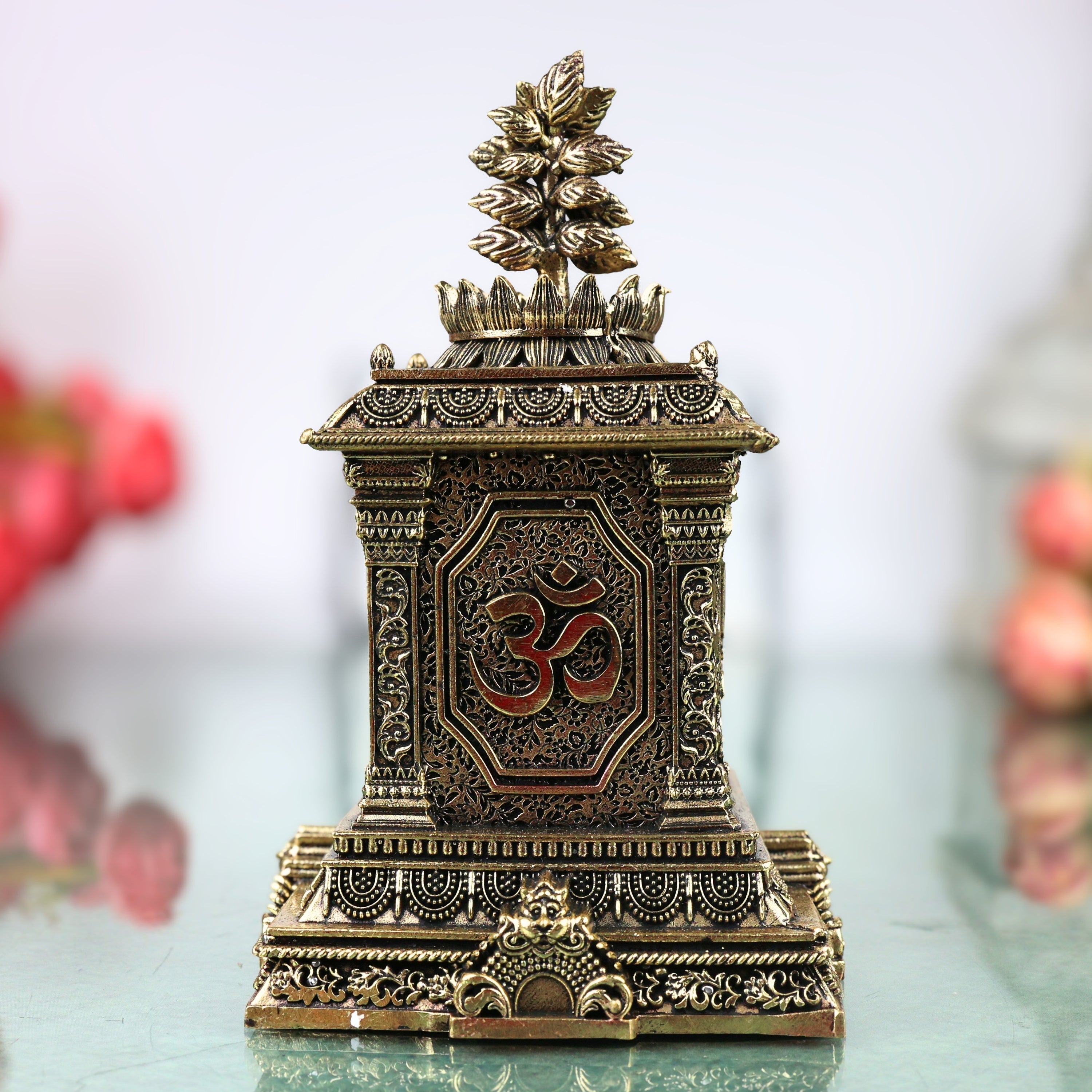 Brass Tulsi Maadam Tulasi Vrindavan Handcrafted Traditional Pooja Decor Gift Shrine for Home Temple, Gold, 5.5 Inch, 1 Piece