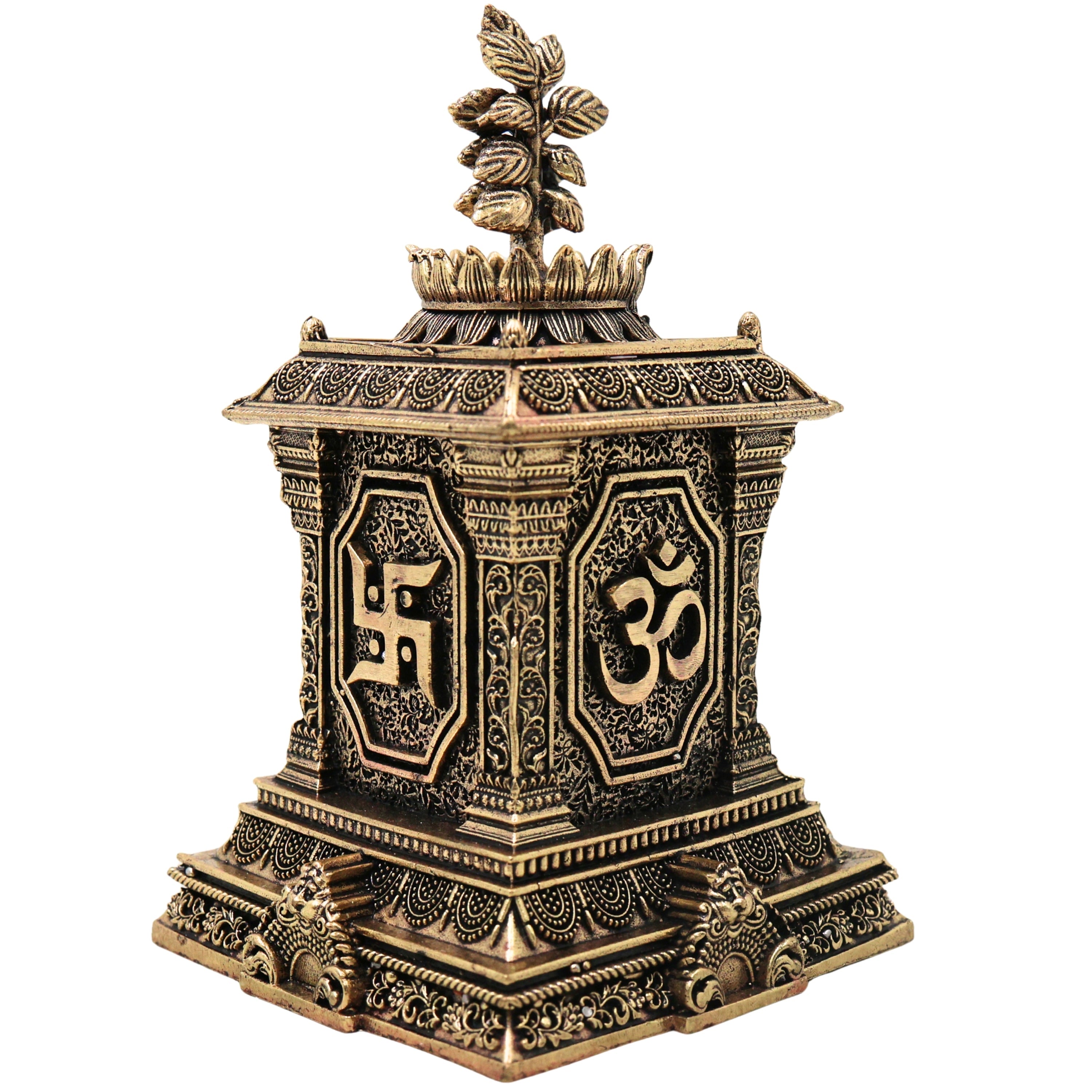 Brass Tulsi Maadam Tulasi Vrindavan Handcrafted Traditional Pooja Decor Gift Shrine for Home Temple, Gold, 5.5 Inch, 1 Piece