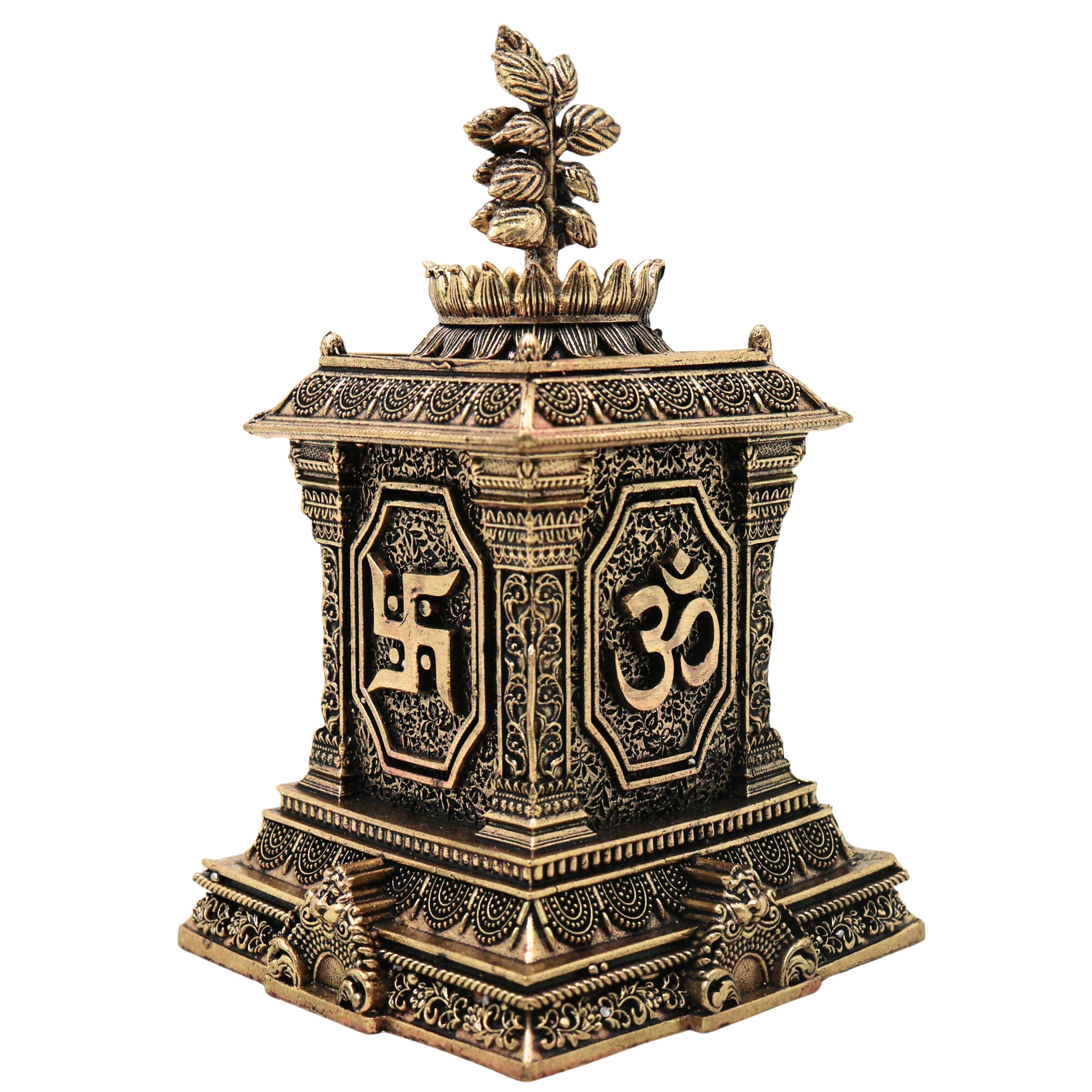 Brass Tulsi Maadam Tulasi Vrindavan Handcrafted Traditional Pooja Decor Gift Shrine for Home Temple, Gold, 5.5 Inch, 1 Piece