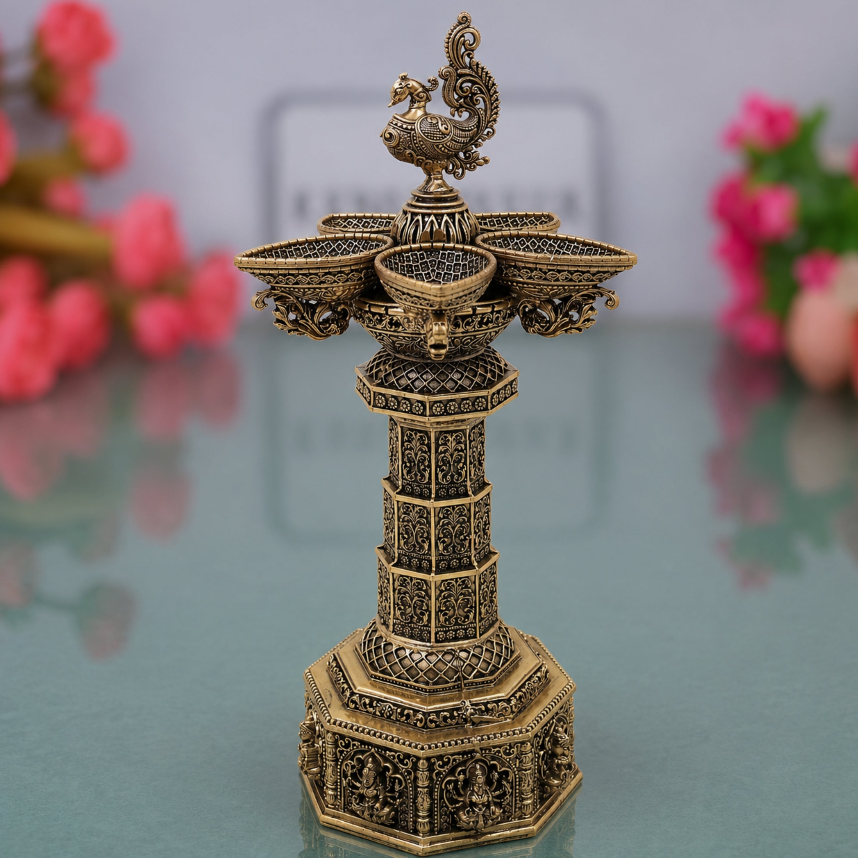 Brass Handcrafted Peacock Lamp, Traditional Mayil Vilakku Deepam for Pooja, Home Decor & Gifting, Gold, 6.5 Inch, 1 Piece