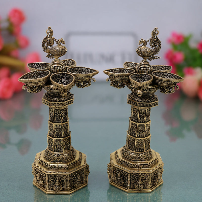 Brass Peacock Lamp Set of 2 Traditional Handcrafted Mayil Vilakku Deepam for Pooja Decor & Gifting, Gold, 6.5 Inch, 2 Piece