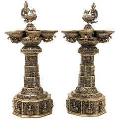 Brass Peacock Lamp Set of 2 Traditional Handcrafted Mayil Vilakku Deepam for Pooja Decor & Gifting, Gold, 6.5 Inch, 2 Piece