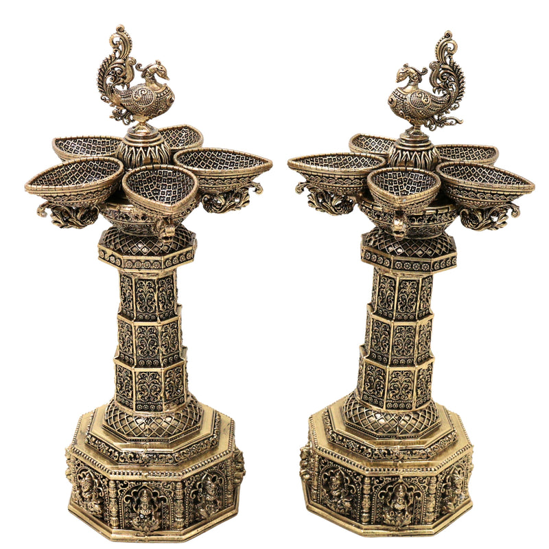 Brass Peacock Lamp Set of 2 Traditional Handcrafted Mayil Vilakku Deepam for Pooja Decor & Gifting, Gold, 6.5 Inch, 2 Piece