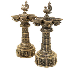 Brass Peacock Lamp Set of 2 Traditional Handcrafted Mayil Vilakku Deepam for Pooja Decor & Gifting, Gold, 6.5 Inch, 2 Piece