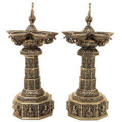 Brass Peacock Lamp Set of 2 Traditional Handcrafted Mayil Vilakku Deepam for Pooja Decor & Gifting, Gold, 6.5 Inch, 2 Piece